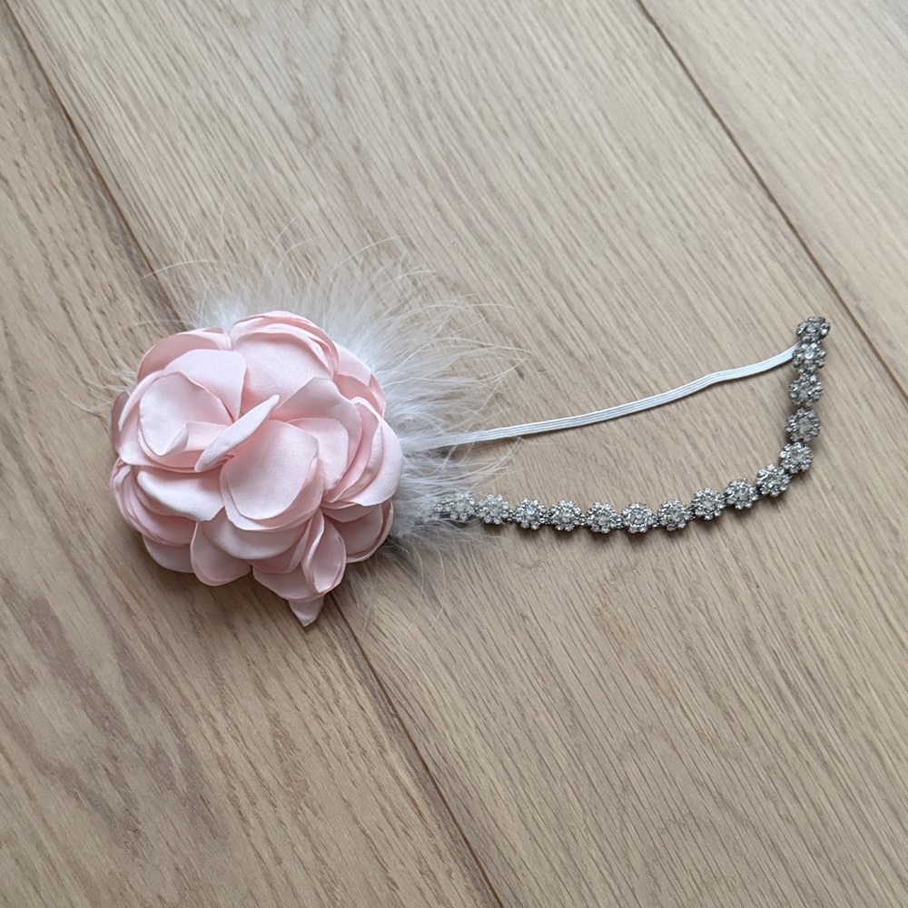 Pink Floral Headband with White Feathers and Crystal Elastic Band